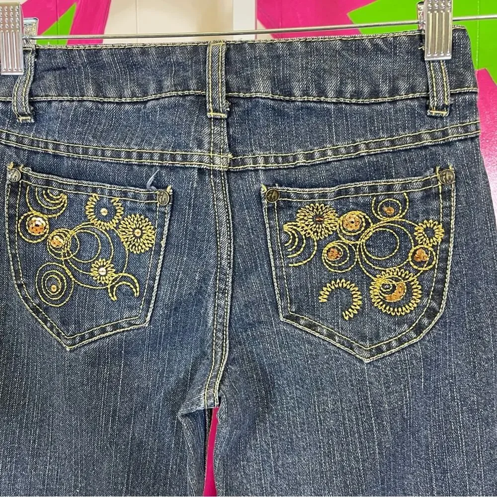Hannah Montana, Gold Thread Boot Cut Jeans. Size 10. Glitzy Back Pockets.